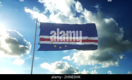 Drapeau du Cap-Vert agitant au vent contre un magnifique ciel bleu. 3d rendu Banque D'Images