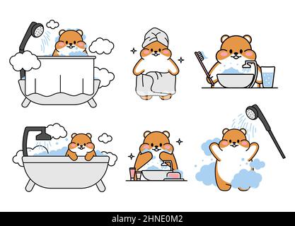 Ensemble de hamsters mignons dessinés. Le hamster kawaii lave et brosse ses dents, se lave dans le bain sous la douche. Collection d'avatars mascottes drôle Illustration de Vecteur
