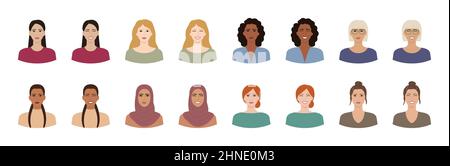 Ensemble de femmes avec différents styles de cheveux, couleurs de peau, races, âges. Portraits variés de femmes souriantes et gaies isolées sur blanc. Variations de fem Illustration de Vecteur