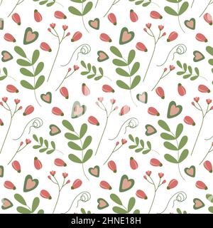 Motif de printemps répété avec brindilles vertes, fleurs roses, bourgeons et coeurs en style de dessin animé. Arrière-plan abstrait. Modèle pour l'emballage du papier, motif sur les serviettes, les tissus et autres articles similaires. Dessiné à la main. Illustration de Vecteur