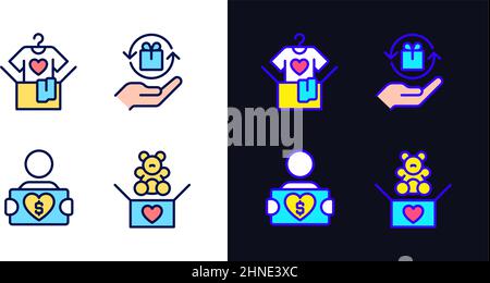 Don de biens d'occasion pixel Perfect lumière et sombre thème icônes de couleur ensemble Illustration de Vecteur