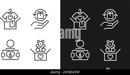 Don de biens d'occasion pixel Perfect icônes linéaires ensemble pour le mode sombre, clair Illustration de Vecteur