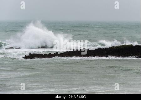 Owenahincha, West Cork, Irlande. 16th févr. 2022. Storm Dudley a frappé l'Irlande aujourd'hui avec 65KMH vents et rafales de jusqu'à 110KMH. Owenahincha a pris un pieu de vagues énormes. Crédit : AG News/Alay Live News Banque D'Images