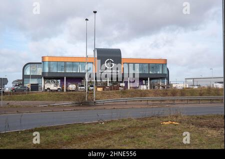 Nouvelle construction (inachevée) grille servir station de charge de l'autoroute avec café sur le parc d'affaires de Broadland Gate Norwichnorfolk Banque D'Images