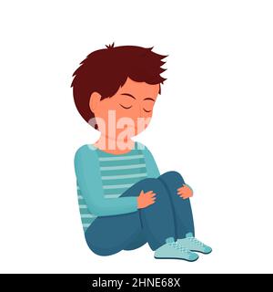 Enfant triste, déprimé, enfant assis seul. Posture émotionnelle, visage. Problème de psychologie, concept de stress isolé sur fond blanc. Illustration vectorielle Illustration de Vecteur