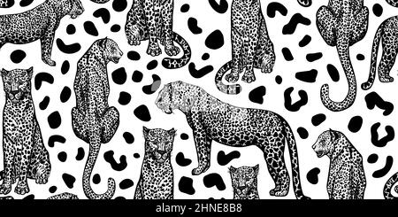 Motif animal léopard sans coutures sur fond à pois. Animaux de savane rétro en style gravure. Texture exotique dessinée à la main pour le tissu, le papier peint, le tex Illustration de Vecteur