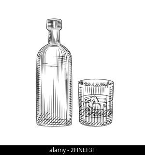 Bouteille de Vodlka et verre isolés sur fond blanc. Cocktail alcoolisé tiré à la main avec glace en verre rocailleux. Style gravé. Pour le menu de pub, les cartes, poste Illustration de Vecteur