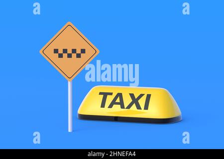 Symbole jaune du taxi près du panneau. Lieu d'arrêt du transport de passagers en ville. Emplacement en ligne. Suivi Web. 3d rendu Banque D'Images