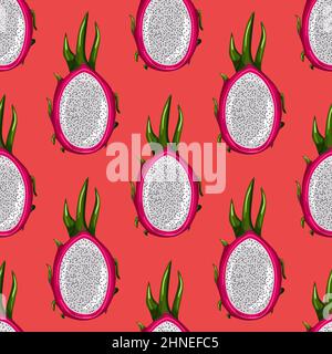 Motif géométrique sans couture avec fruit dragon à moitié rouge sur fond lumineux. Papier peint exotique pitayas tropical. Design pour l'emballage de papier, prin textile Illustration de Vecteur