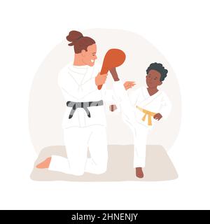 Illustration vectorielle isolée des arts martiaux élève pratiquant le kick de karaté avec un professeur, portant un kimono, programme d'arts martiaux pour les enfants, dessin animé vectoriel de classe élective d'école primaire. Illustration de Vecteur