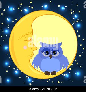 Un chouette chouette de dessin animé dans un chapeau de couchage est assis sur un croissant de lune somnolent sur le fond du ciel nocturne avec des étoiles. Illustration de Vecteur