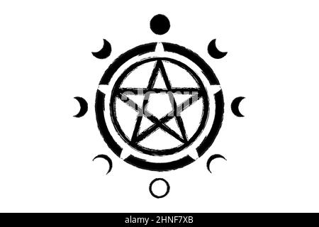 Symbole du cercle de Pentacle et phases de la lune. Symbole Wiccan, pleine lune, waning, cirage, premier quart, gibbous, croissant, troisième trimestre. Logo Vector Illustration de Vecteur