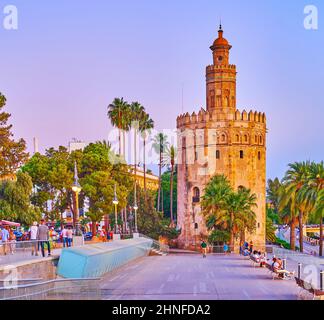 SÉVILLE, ESPAGNE - 29 SEPTEMBRE 2019 : la soirée dans un parc au bord de la rivière avec de grands palmiers et la Torre del Oro (Tour d'Or) médiévale en arrière-plan, sur se Banque D'Images