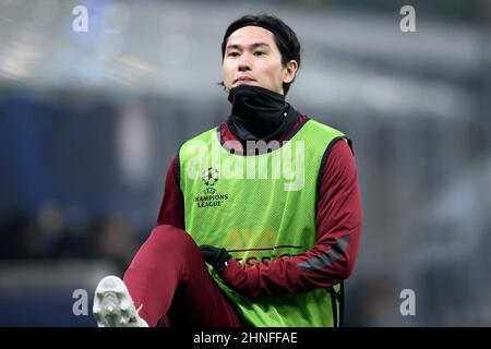 Milan, Italie. 16th févr. 2022. Takumi Minamino de Liverpool lors du tournoi de la Ligue des champions de l'UEFA de seize pieds un match entre le FC Internazionale et le FC Liverpool au Stadio San Siro, Milan, Italie, le 16 février 2022. Credit: Giuseppe Maffia/Alay Live News Banque D'Images