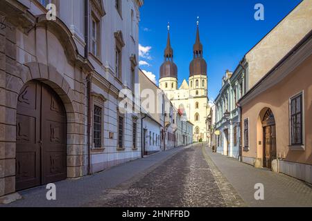 Rue historique menant à l'église Saint-Nicolas, une cathédrale gothique dans la ville de Trnava, Slovaquie, Europe. Banque D'Images