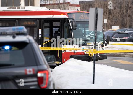 Toronto, Ontario, Canada. 16th févr. 2022. Pour la deuxième fois en 7 jours, un travailleur de la TTC a été grièvement blessé dans une poignarder. Juste après 1pm, un chauffeur de bus TTC sur l'autobus Keele de 41 a été poignardé à la suite d'un conflit avec un groupe de jeunes hommes. L'altercation a continué à l'extérieur du bus où il a été poignardé plusieurs fois. Le chauffeur a été transporté d'urgence à l'hôpital dans un état grave. Aucun suspect n'a été arrêté pour le moment. (Image de crédit : © Arlyn McAdorey/ZUMA Press Wire) Banque D'Images