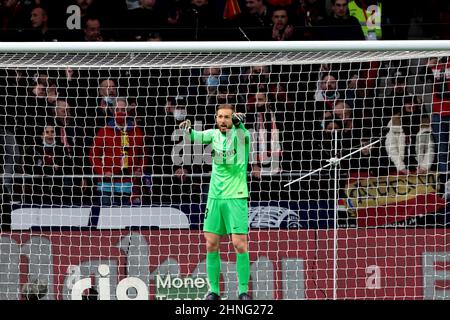 Madrid, espagnol. 16th févr. 2022. Madrid Espagne; 02.16.2022.- Atletico de Madrid contre Levante UD match de la Ligue espagnole de football jour 21 au stade Santiago Bernabeu de Madrid. Atletico Madrid gardien de but Oblak. Score final 0-1 but par Gonzalo Melero 54  Credit: Juan Carlso Rojas/dpa/Alamy Live News Banque D'Images