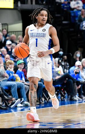 16 février 2022 : la garde de Saint Louis Billikens Yuri Collins (1) place le ballon sur le terrain dans un jeu de conférence A-10 où les explorateurs de la salle ont visité le St. Louis Billikens. Tenue à l'aréna Chaifetz à Saint-Louis, Mo Richard Ulreich/CSM Banque D'Images