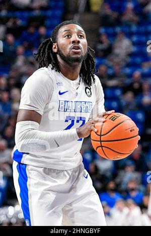 16 février 2022: Saint Louis Billikens avance Terrence Hargrove Jr. (22) preps pour un tir de jet libre dans un jeu de conférence A-10 où les explorateurs de la salle ont visité le St. Louis Billikens. Tenue à l'aréna Chaifetz à Saint-Louis, Mo Richard Ulreich/CSM Banque D'Images