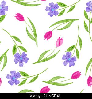 Motif aquarelle sans couture dessiné à la main avec fleurs printanières et tulipe rose bleu pâquerette. Design minimaliste élégant pour les invitations de mariage papier d'emballage textile, concept de jardin naturel Banque D'Images