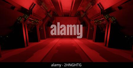 Métal ou béton Cyberpunk Club futuriste couloir Spaceship intérieur dystopique Rouge couleurs fond 3D rendu Banque D'Images