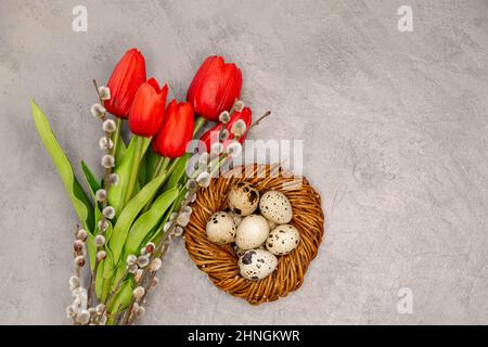 Fleurs, oeufs dans le nid . Décoration de Pâques sur fond gris. Banque D'Images