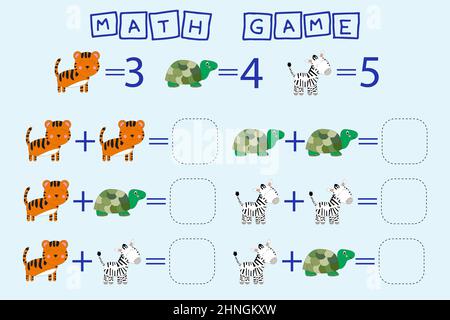 jeu de comptage avec des animaux tigres , tortues, zèbres. Feuille de travail préscolaire, feuille d'activité pour enfants, feuille de travail imprimable Banque D'Images