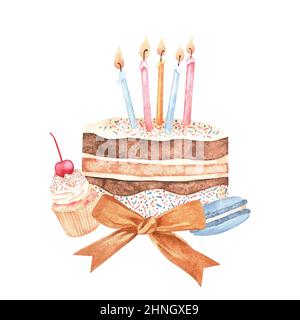 Gâteau, cupcakes et macarons dessinés à la main. Aquarelle illustration vintage sur le thème de l'anniversaire. Isolé sur un fond blanc. Pour votre conception. Banque D'Images