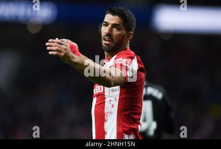 Madrid, Espagne. 16th févr. 2022. Luis Suarez, de l'Atletico de Madrid, réagit lors d'un match de football espagnol de première division entre l'Atletico de Madrid et Levante UD au stade Wanda Metropolitano de Madrid, en Espagne, le 16 février 2022. Credit: Gustavo Valiente/Xinhua/Alamy Live News Banque D'Images