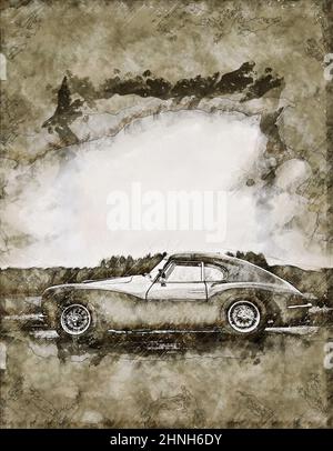 Illustration esquisse d'un roadster italien d'époque sur une route de montagne Banque D'Images