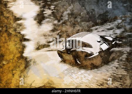 Illustration esquisse d'un roadster italien d'époque sur une route de montagne Banque D'Images