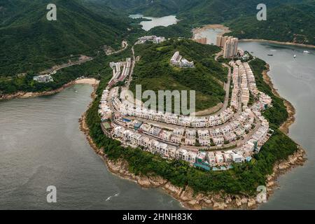 Hélicoptère aérien montrant les développements résidentiels sur la péninsule de Red Hill, île de Hong Kong, 2008 Banque D'Images