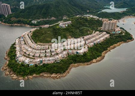 Hélicoptère aérien montrant les développements résidentiels sur la péninsule de Red Hill, île de Hong Kong, 2008 Banque D'Images