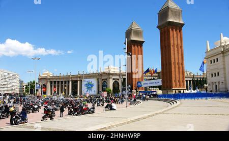 Panoramique de la Plaza de España à Barcelone, Catalunya, Espagne, Europe Banque D'Images