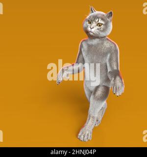 3D-illustration d'un chat de dessin animé mignon et drôle marchant dans la nuit Banque D'Images