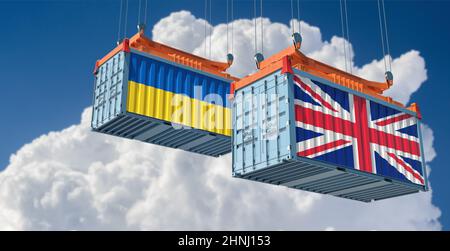 Conteneurs de fret avec drapeaux nationaux United Kingdon et Ukraine. 3D rendu Banque D'Images