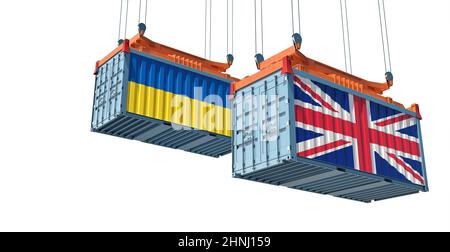 Conteneurs de fret avec drapeaux nationaux United Kingdon et Ukraine. 3D rendu Banque D'Images