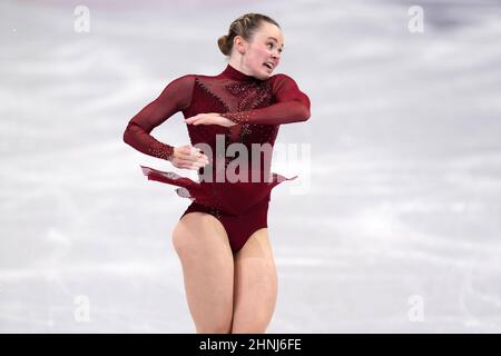 Pékin, Chine. 17th févr. 2022. Mariah Bell, des États-Unis, se produit dans le cadre du programme féminin de patinage artistique unique au stade intérieur de la capitale, lors des Jeux olympiques d'hiver de Beijing 2022, le jeudi 17 février 2022. Photo de Richard Ellis/UPI crédit: UPI/Alay Live News Banque D'Images