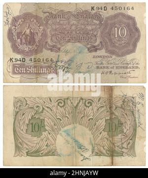 Vers 1940-48, dix notes de shillings, Angleterre, inverse et inverse. Taille réelle : 137mm x 77mm. Banque D'Images