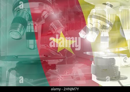 Cameroun développement scientifique fond conceptuel - microscope sur drapeau. Recherche en physique ou en médecine, 3D illustration de l'objet Banque D'Images