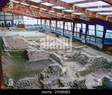 Villa romaine Lullingstone construite pendant l'occupation romaine de la Grande-Bretagne, située à Lullingstone près d'Eynsford, Kent, Royaume-Uni. Numérisation d'archivage à partir d'une lame. Juin 1977. Banque D'Images