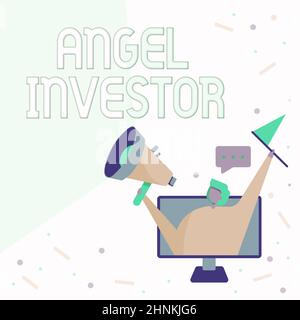 Légende de texte présentant Angel Investor, Word pour la haute valeur nette individu qui fournit le soutien financier Lady à l'intérieur D'Un écran de moniteur dessin tenue Banque D'Images