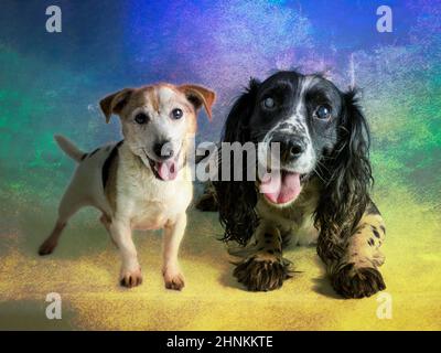 Deux chiens en studio photo avec un arrière-plan coloré Banque D'Images