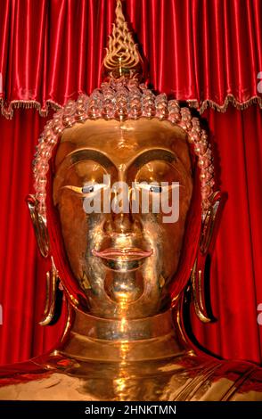 Une statue de Bouddha d'or dans un temple bourgeonné en Thaïlande Banque D'Images