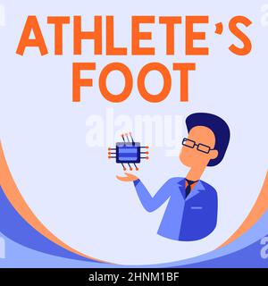 Texte d'écriture Athlete S est pied, Business concept un champignon infection du pied marqué par des cloques homme dessin debout et tenant ordinateur micro Banque D'Images