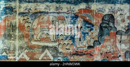 Ancienne peinture murale de style Lanna thaï de la vie de Bouddha Banque D'Images