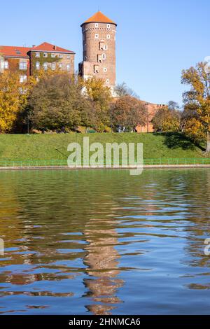 Château royal de Wawel le jour de l'automne, façade de bâtiment avec des feuilles colorées de la vitesse rampante du vin sauvage, Cracovie, Pologne Banque D'Images