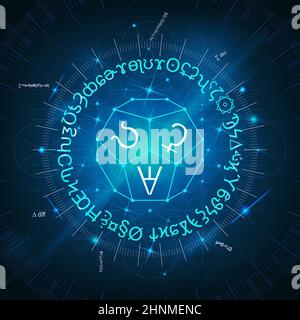 Arrière-plan bleu abstrait des sorts magiques lumineux, des formules, des signes, des horlogerie et des symboles sacrés Banque D'Images