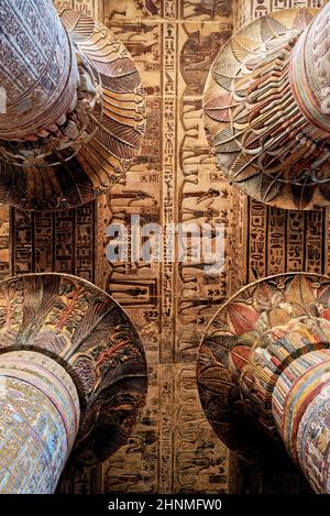 Hiéroglyphes sur le toit à l'intérieur du Temple d'Esna, en Égypte. Banque D'Images