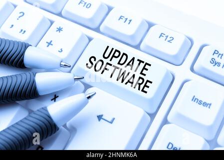Texte montrant inspiration mise à jour logiciel, approche d'affaires remplacement programme par une version plus récente du même produit Éditions dactylographiée FFantasy Shor Banque D'Images